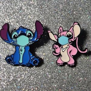 Stitch & Angel Wearing COVID Medical Masks For Safety Enamel Pin SET OF 2